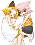  aizawa_shin animal_ears azumaya_kagaku barefoot bike_shorts blonde_hair blush brown_eyes cat_ears cat_tail dress eroneko-san face feet holding_another's_tail multiple_girls ninini original pink_hair short_hair smile tail tail_grab tank_top tongue yellow_eyes 