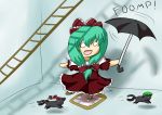  cat chibi dress green_hair hair_ribbon kagiyama_hina ladder mirror ribbon touhou umbrella 