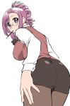  bent_over blush breasts from_behind glasses hair_up kazami_mizuho large_breasts long_hair looking_back miniskirt mouth_hold onegai_teacher pantyhose pince-nez pink_hair pocky purple_eyes skirt teacher ueyama_michirou 