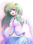  green_hair kochiya_sanae long_hair midriff navel open_mouth outstretched_arms smile spread_arms sugai touhou yellow_eyes 