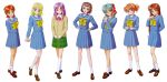  90s akiho_minori antenna_hair aqua_hair arms_behind_back blonde_hair blue_eyes brown_hair hair_ornament hairclip hands_clasped hands_on_hips highres izumi_kyoko izumi_kyouko juuichiya_megumi kokura_masashi lineup long_hair marikawa_natsue misaki_suzune multiple_girls munakata_naomi name_characters official_art orange_hair patricia_mcgrath plaid plaid_skirt pleated_skirt purple_eyes purple_hair red_eyes red_hair scan school_uniform serafuku short_hair short_twintails skirt socks tokimeki_memorial tokimeki_memorial_pocket twintails 