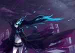  1girl 9ji bad_id belt black_rock_shooter black_rock_shooter_(character) cape chain chains glowing glowing_eyes long_hair midriff pale_skin solo stitches sword weapon wind wind_lift 