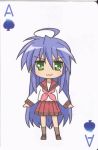 1girl ahoge animated animated_gif blue_hair card card_(medium) chibi closed_eyes dancing green_eyes izumi_konata long_hair lowres lucky_star mole official_art open_mouth playing_card playing_cards school_uniform solo