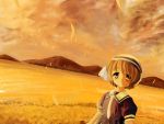  brown_eyes brown_hair clannad dress hat highres landscape okazaki_ushio rukaori sailor_uniform short_hair sunset 