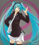  blue_eyes blue_hair hand_on_hip hatsune_miku headset isshoku isshoku_(shiki) long_hair necktie open_mouth skirt thigh-highs thighhighs twintails very_long_hair vocaloid 