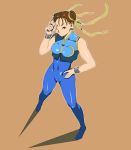   bodysuit breasts brown_hair capcom chun-li double_bun from_above hand_on_hip simple_background skin_tight street_fighter  