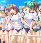  blush brown_hair buruma glasses green_eyes green_hair gym_uniform kawai_rie long_hair lovers multiple_girls open_mouth ponytail red_eyes sakura_mayumi short_hair taki_minashika 