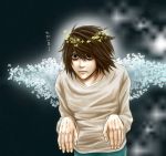  angel bags_under_eyes black_hair butterfly death_note halo l lawliet male solo translated wings 