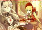 1cup bad_id blonde_hair blue_eyes bonnet cake chocolate cup doll_joints food fruit hairband long_hair loo multiple_girls pastry red_eyes rozen_maiden shinku silver_hair suigintou tea teacup tray valentine 