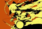  1girl bangs bow chains female fractalthink gourd hair_bow holding horn_ornament horns ibuki_suika looking_away looking_to_the_side monochrome onigunsou orange_background red_eyes rope smoke solo touhou upper_body 