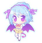 1girl bat_wings blue_hair bow bowtie chibi demon_tail dress kneehighs kurono_kurumu loafers looking_at_viewer looking_back mirai_(sugar) red_bow red_bowtie rosario+vampire shoes simple_background solo tail violet_eyes white_background white_legwear wings yellow_dress 
