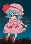  1girl :d bangs bat bat_wings blue_hair bow chibi city cityscape demon_girl dress fang female flat_chest flying footwear frills full_body glowing gradient hat loafers lolita_fashion looking_at_viewer mame. night night_sky open_mouth outdoors outstretched_arm outstretched_hand red_eyes remilia_scarlet shoes short_hair sky smile socks solo star_(sky) starry_sky touhou wings wrist_cuffs 