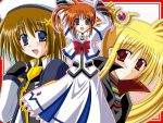  3girls :d arms_up beret black_gloves blonde_hair blue_eyes blush bow bowtie brown_hair cape dress eyebrows eyebrows_visible_through_hair fate_testarossa fingerless_gloves gloves hat jacket long_hair long_sleeves looking_at_viewer lyrical_nanoha magazine_(weapon) magical_girl mahou_shoujo_lyrical_nanoha mahou_shoujo_lyrical_nanoha_a&#039;s multiple_girls open_clothes open_jacket open_mouth orange_hair raising_heart red_bow red_bowtie red_eyes redhead rod short_hair smile sphere staff takamachi_nanoha twintails very_long_hair violet_eyes white_dress x_hair_ornament yagami_hayate 