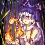  1girl :o bamboo bamboo_forest bangs bow element_bender female fire forest fujiwara_no_mokou hair_bow long_hair nature night outdoors puffy_short_sleeves puffy_sleeves red_eyes shirt shishou short_sleeves solo suspenders touhou upper_body very_long_hair white_hair white_shirt 