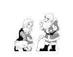  1boy 2girls android_18 bald beard christmas facial_hair facial_mark family forehead_mark greyscale hat hat_removed headwear_removed highres holding holding_hat hug kuririn looking_back marron monochrome multiple_girls pointing pointing_at_self sack santa_costume scared short_hair signature squatting sweatdrop uirina 