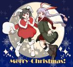  2girls alternate_costume alternate_hairstyle animal_ears boots bow braid capelet christmas female hair_bow inaba_tewi kaisen merry_christmas moon multiple_girls pantyhose plaid plaid_scarf plaid_skirt rabbit_ears red_eyes reisen_udongein_inaba sack santa_costume scarf skirt touhou twin_braids white_boots 