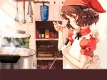  1girl apron bandanna blush brown_eyes brown_hair cook cooking food kitchen ladle lina_junhers littlewitch ooyari_ashito quartett! short_hair solo whisk 