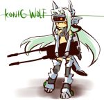  1girl armor armored_boots boots elbow_gloves gloves gun holding holding_weapon konig_wolf long_hair looking_at_viewer machinery mecha_musume silver_hair simple_background solo standing thigh-highs thigh_boots very_long_hair weapon white_background white_gloves zoids 