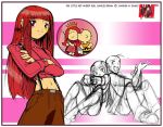  1boy 1girl anime_style back-to-back charlie_brown couple cracking_knuckles flat_chest gnaw hetero hime_cut inset little_red_haired_girl long_hair midriff navel parody peanuts red_eyes redhead sketch style_parody suspenders 