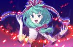  1girl bangs danmaku dress female front_ponytail green_eyes green_hair kagiyama_hina kaisen long_hair looking_at_viewer open_mouth puffy_short_sleeves puffy_sleeves red_dress red_ribbon ribbon short_sleeves solo teeth touhou upper_body 