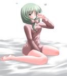  1girl bad_anatomy bad_feet barefoot feet female front_ponytail kagiyama_hina kneeling pajamas poorly_drawn sleepy solo subaru_noji touhou 