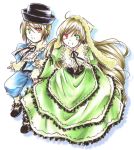  00s 2girls ahoge blonde_hair blue_dress doll dress full_body green_dress green_eyes grin head_scarf heterochromia layered_dress long_hair looking_at_viewer multiple_girls red_eyes rozen_maiden rozen_maiden_traumend short_hair siblings simple_background sisters smile souseiseki standing straightchromia suiseiseki twins very_long_hair white_background 