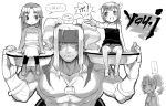  1boy 3girls :d alex_(street_fighter) amami_haruka bangs capcom collarbone crossover idolmaster kisaragi_chihaya long_hair looking_at_viewer monochrome multiple_girls muscle open_mouth over_shoulder parted_bangs shue sitting size_difference smile street_fighter takatsuki_yayoi tray very_long_hair 