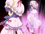  1girl bow capelet crescent female hair_bow hasumi_yuu hat long_hair long_sleeves looking_at_viewer looking_back magical_girl mob_cap multi-tied_hair patchouli_knowledge purple_hair solo touhou very_long_hair violet_eyes wallpaper zoom_layer 