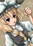 1girl :o bangs black_hat black_vest blonde_hair bow braid brown_background brown_eyes clenched_hand dutch_angle eyebrows eyebrows_visible_through_hair female flat_chest hair_bow hat hat_bow kirisame_marisa long_hair mishima_hiroji open_mouth shirt single_braid sketch solo star touhou upper_body vest white_bow white_shirt witch_hat 