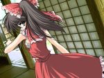  1girl breasts danshaku female hakurei_reimu photo_background ponytail ribbon sarashi sideboob solo touhou 
