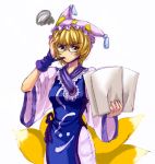  1girl bespectacled blonde_hair female fox_tail glasses hat kanawo long_sleeves mouth_hold multiple_tails paper pillow_hat short_hair solo tail tassel touhou white_background wide_sleeves yakumo_ran 