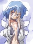  1girl adjusting_glasses bespectacled cirno dress female glasses gradient gradient_background lowres navel open_clothes open_shirt shirt sketch solo touhou yohane 