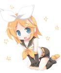  1girl :d arm_warmers bangs belt between_legs black_shorts blonde_hair blue_eyes blush bow full_body hair_bow hair_ornament hairclip hand_between_legs headphones kagamine_rin kneeling leg_warmers looking_at_viewer omiso omiso_(omiso) open_mouth ribbon sailor_collar short_hair shorts sleeveless smile solo swept_bangs tagme vocaloid white_background white_bow yellow_ribbon 