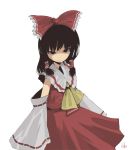  1girl black_hair bow detached_sleeves expressionless female grey_background hair_bow hair_tubes hakurei_reimu inemuri_uno inemuriuno long_sleeves looking_at_viewer red_bow ribbon-trimmed_sleeves ribbon_trim shaded_face shadow sidelocks simple_background solo standing touhou 