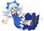  1girl bad_id blue_eyes blue_hair bow cirno dress female footwear full_body hair_bow happy kaisen open_mouth shoes short_hair simple_background socks solo the_embodiment_of_scarlet_devil touhou white_background wings 