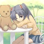  1girl breast_press breasts clannad hair_bobbles hair_ornament ichinose_kotomi ikko lowres one_eye_closed solo stuffed_animal stuffed_toy teddy_bear two_side_up 