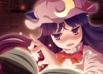  1girl book bow bowtie crescent female hat lowres mob_cap patchouli_knowledge purple_hair reading solo touhou upper_body violet_eyes 
