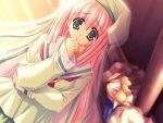  1girl arisue_tsukasa game_cg green_eyes hat jpeg_artifacts long_hair pink_hair rabbit ribbon shirt solo toy usotsuki_wa_tenshi_no_hajimari worried 