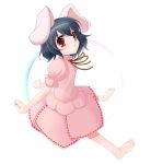  1girl :&lt; animal_ears arms_behind_back barefoot black_hair feet female inaba_tewi rabbit_ears red_eyes short_hair solo touhou wapokichi 