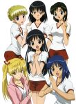  00s 6+girls :d absurdres arm_grab bangs black_eyes black_hair blonde_hair blue_eyes blue_hair blunt_bangs clenched_hand everyone fighting_stance green_hair gym_shorts gym_uniform hair_between_eyes hair_bun hair_ornament hair_ribbon hand_on_another&#039;s_shoulder hands_clasped hands_together highres holding_arm ichijou_karen jacket kanasaki_takaomi light_smile long_hair looking_at_viewer multiple_girls official_art open_clothes open_jacket open_mouth orange_eyes parted_bangs pose ribbon sarah_adiemus sawachika_eri school_rumble shirt short_hair short_twintails shorts siblings simple_background sisters smile suou_mikoto t-shirt transparent_background tsukamoto_tenma tsukamoto_yakumo twintails two_side_up v violet_eyes 