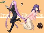  2girls book bottle fate/hollow_ataraxia fate/stay_night fate_(series) glasses heaven&#039;s_feel long_hair low-tied_long_hair matou_sakura medusa_(fate)_(all) multiple_girls orange_background purple_hair rider takeuchi_takashi tied_hair very_long_hair violet_eyes wine_bottle 