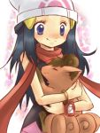  1girl beanie black_hair blue_eyes bracelet hat hikari_(pokemon) holding hug jewelry lowres nintendo pokemon pokemon_(creature) poketch rokkon smile vulpix watch watch 