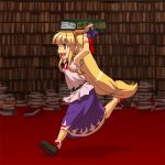  1girl :d blonde_hair book bookshelf fang female horn_ribbon horns ibuki_suika library long_hair lowres object_on_head open_mouth red_eyes ribbon running skirt smile solo touhou very_long_hair voile 