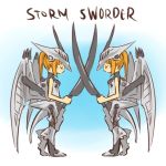  2girls blonde_hair closed_eyes english mecha_musume multiple_girls ponytail storm_sworder sword symmetry weapon wings zoids 