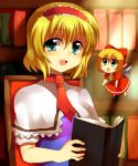  1girl alice_margatroid bangs blonde_hair book bookshelf bow capelet chair female green_eyes hair_bow hairband indoors looking_at_viewer mei necktie open_mouth red_bow red_necktie shanghai_doll short_hair short_sleeves sitting smile solo subaru_(yachika) sunlight touhou upper_body 
