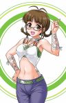  1girl :d ahoge akizuki_ritsuko armpits bare_shoulders braid brown_eyes brown_hair cool_&amp;_sexy_(idolmaster) glasses hand_on_hip hida_tatsuo idolmaster index_finger_raised jewelry midriff navel necklace open_mouth pointing pointing_up short_hair short_twintails slender_waist smile solo twin_braids twintails 