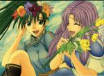  2girls armor boots breasts circlet closed_eyes earrings fire_emblem fire_emblem:_rekka_no_ken florina florina_(fire_emblem) flower green_eyes green_hair hair_flower hair_ornament happy head_wreath jewelry long_hair lyndis_(fire_emblem) multiple_girls open_mouth pegasus_knight ponytail purple_hair sitting smile wreath 