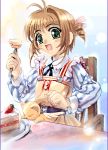  1girl 90s angry apron blush_stickers brown_hair cake card_captor_sakura chair child dithering drill_hair flower food fork fruit green_eyes kero kinomoto_sakura kodansha lens_flare lowres mutsuki_(moonknives) oekaki open_mouth pastry plate short_hair sitting slice_of_cake solo strawberry strawberry_shortcake table tablecloth twin_drills wings 