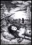  2girls arms_at_sides bed bed_sheet closed_eyes closed_mouth collarbone grass hospital_bed leaf limfoman lips lying monochrome multiple_girls notebook on_back on_bed original outdoors pillow plant ruins sleeping syringe tree 