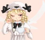  1girl ;o black_bow black_bowtie blonde_hair blush bow bowtie brooch cup dress drill_hair eastern_and_little_nature_deity fairy female frills gem hat jewelry kusogappa long_sleeves looking_at_viewer luna_child mob_cap one_eye_closed parted_lips sleepy solo steam teacup touhou upper_body white_dress 